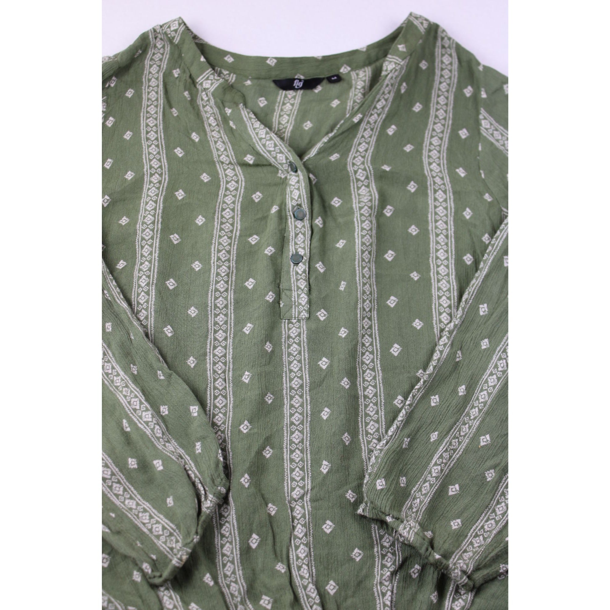 Green Boho Long Sleeve Blouse With Button-Front Detail & Geometric Print