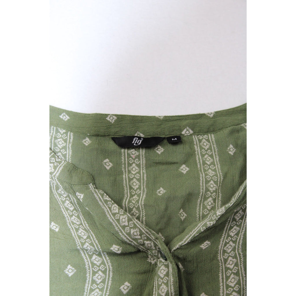Green Boho Long Sleeve Blouse With Button-Front Detail & Geometric Print