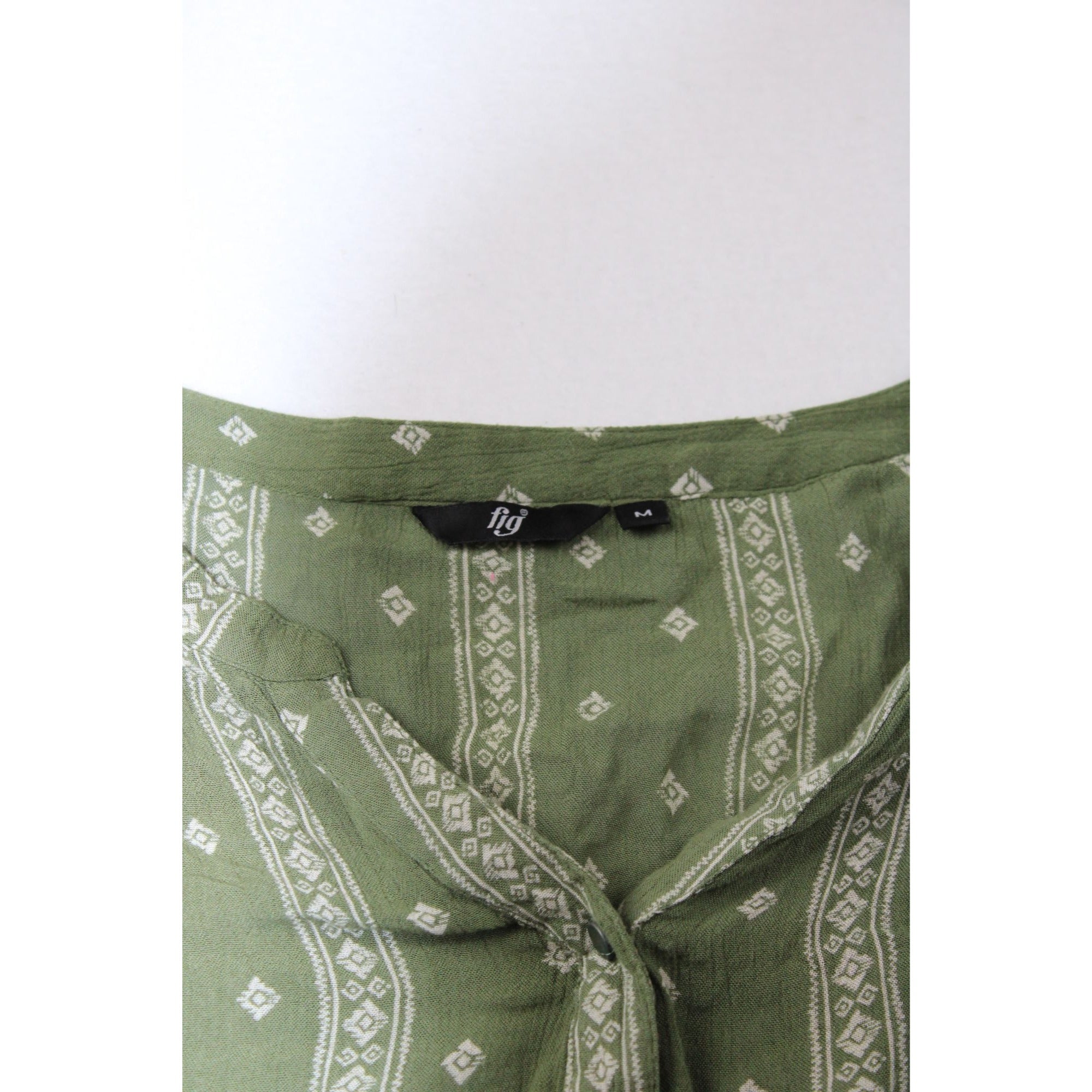 Green Boho Long Sleeve Blouse With Button-Front Detail & Geometric Print