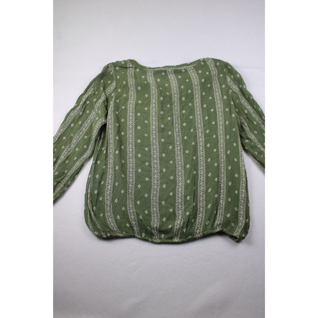 Green Boho Long Sleeve Blouse With Button-Front Detail & Geometric Print