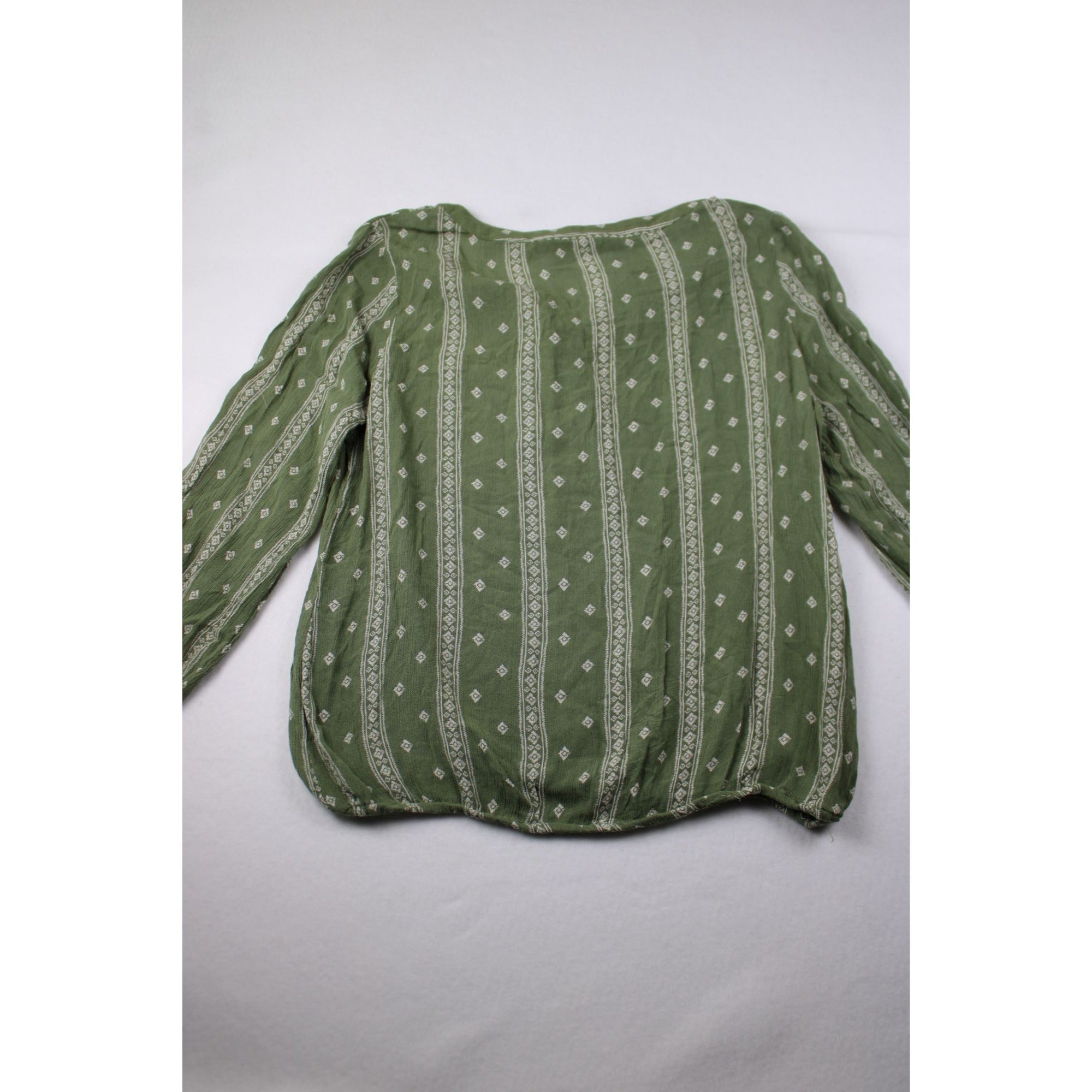 Green Boho Long Sleeve Blouse With Button-Front Detail & Geometric Print