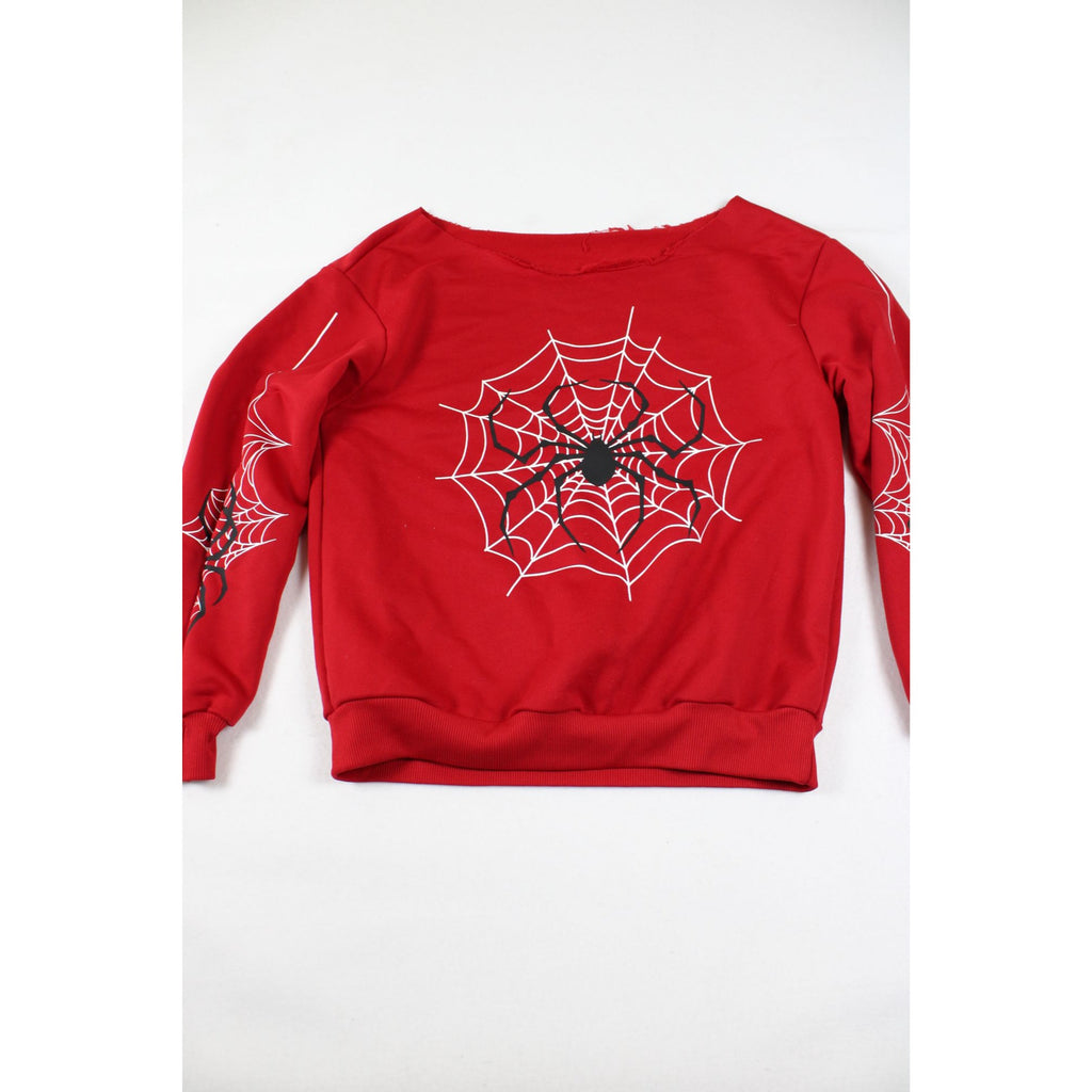 Red Spiderweb Graphic Sweatshirt With Raw Cut Neckline & Long Sleeves