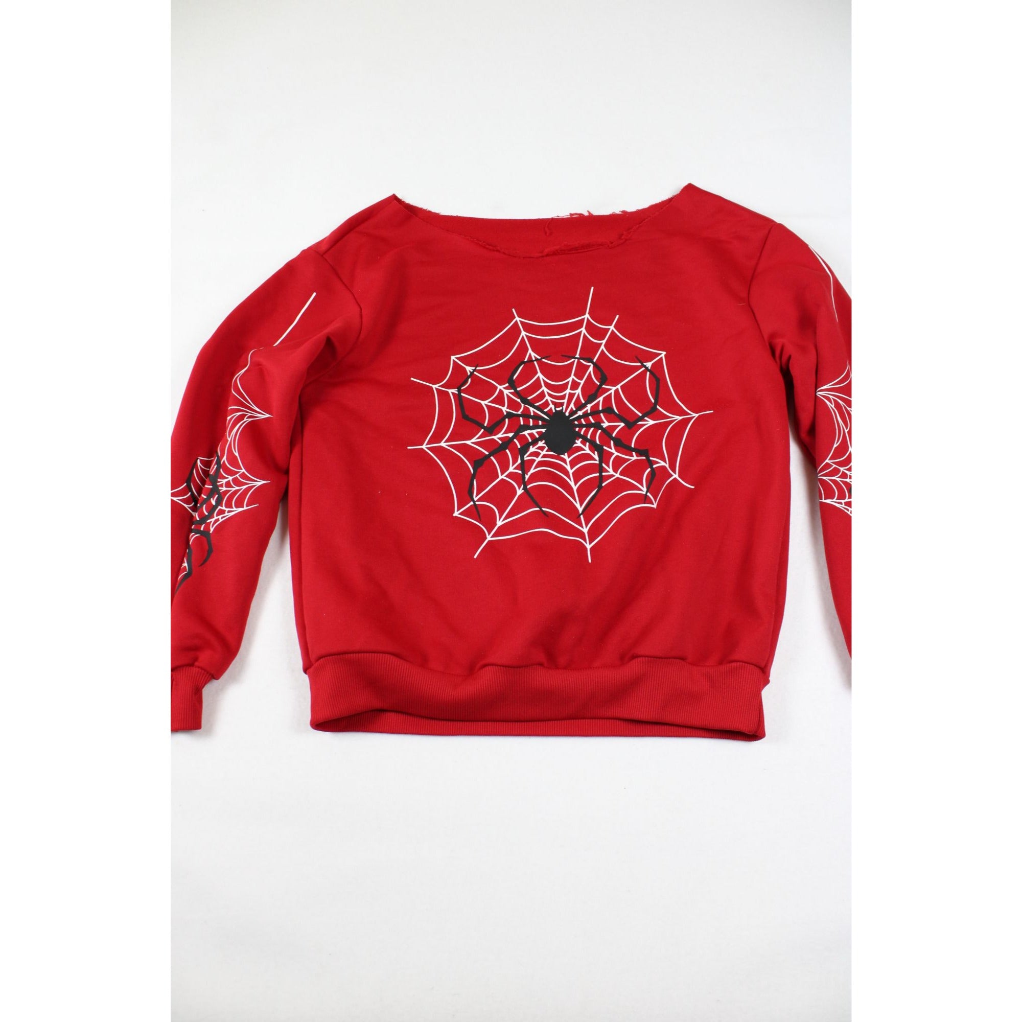 Red Spiderweb Graphic Sweatshirt With Raw Cut Neckline & Long Sleeves