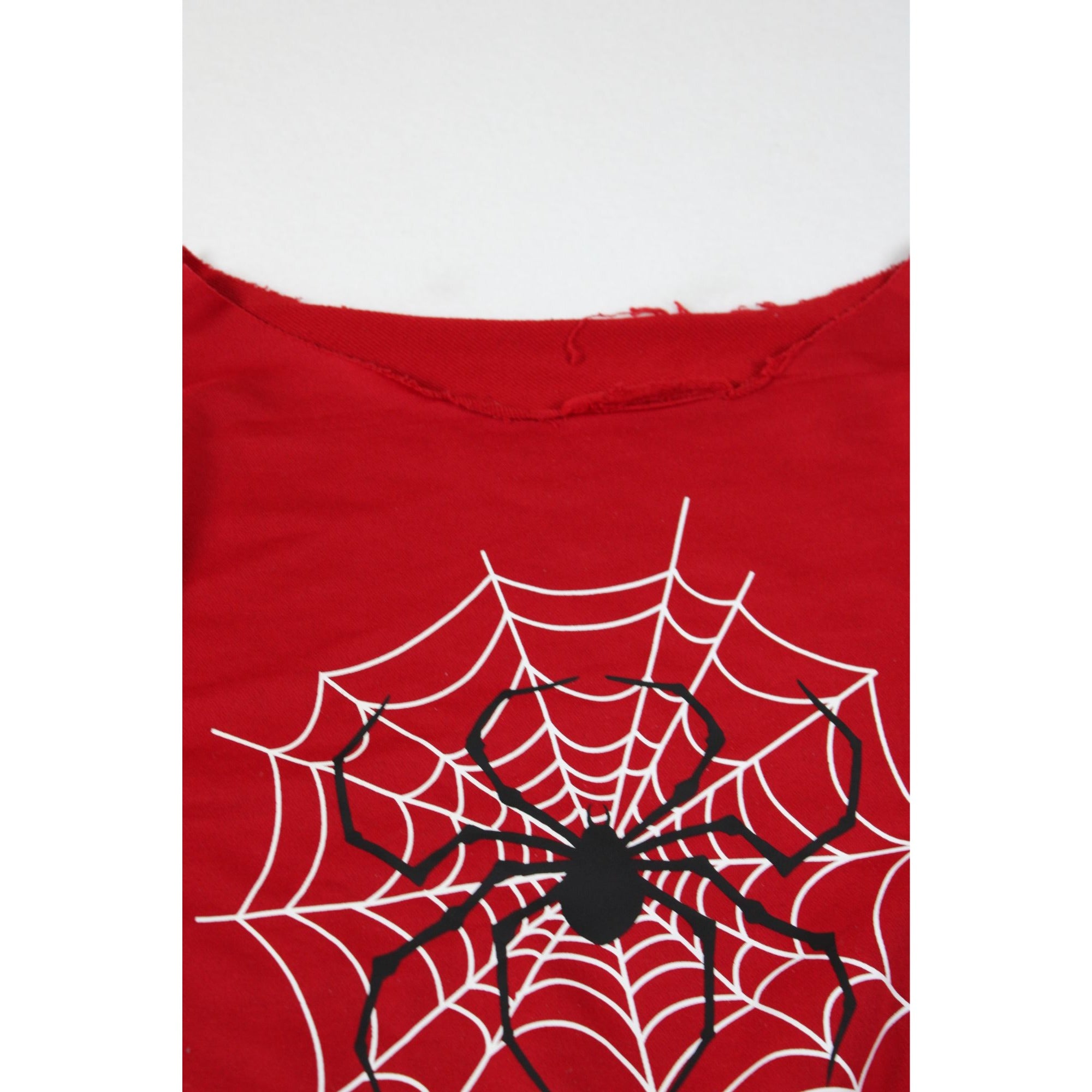 Red Spiderweb Graphic Sweatshirt With Raw Cut Neckline & Long Sleeves