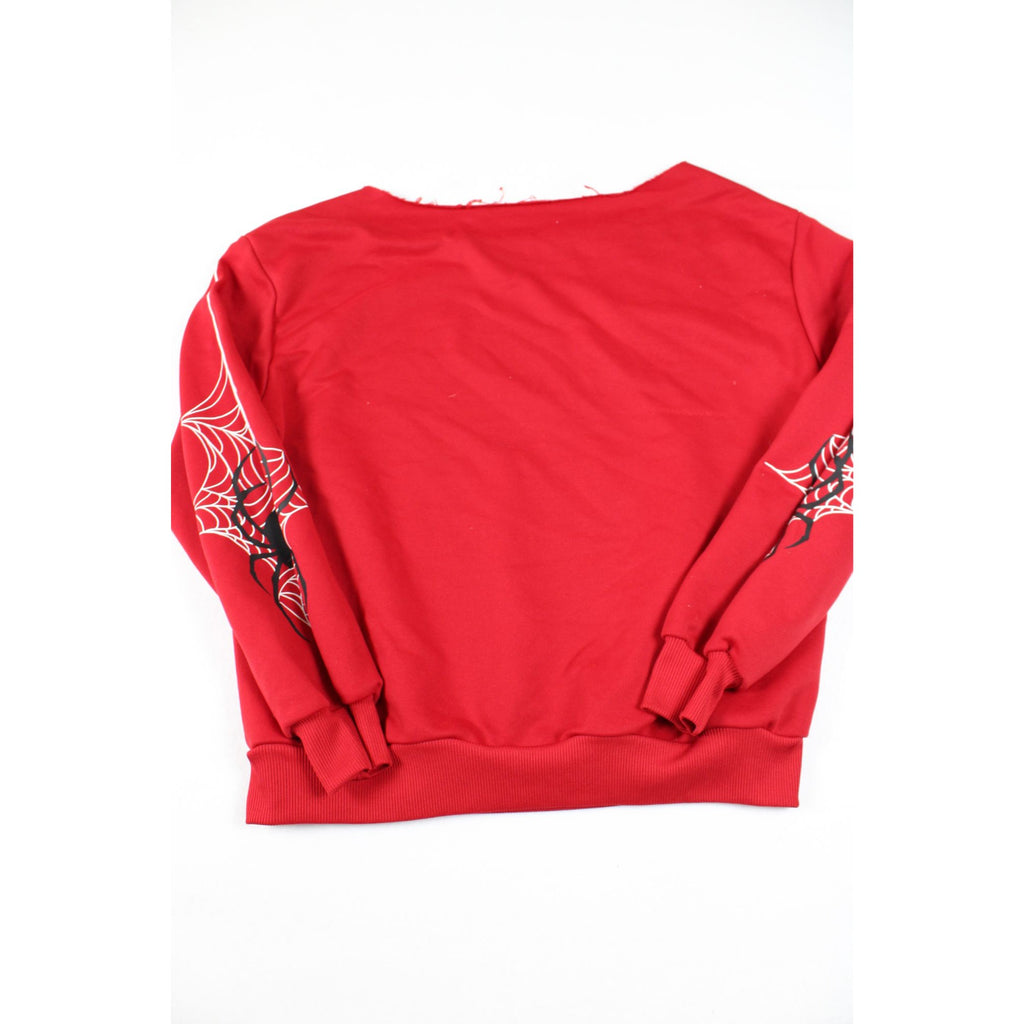 Red Spiderweb Graphic Sweatshirt With Raw Cut Neckline & Long Sleeves