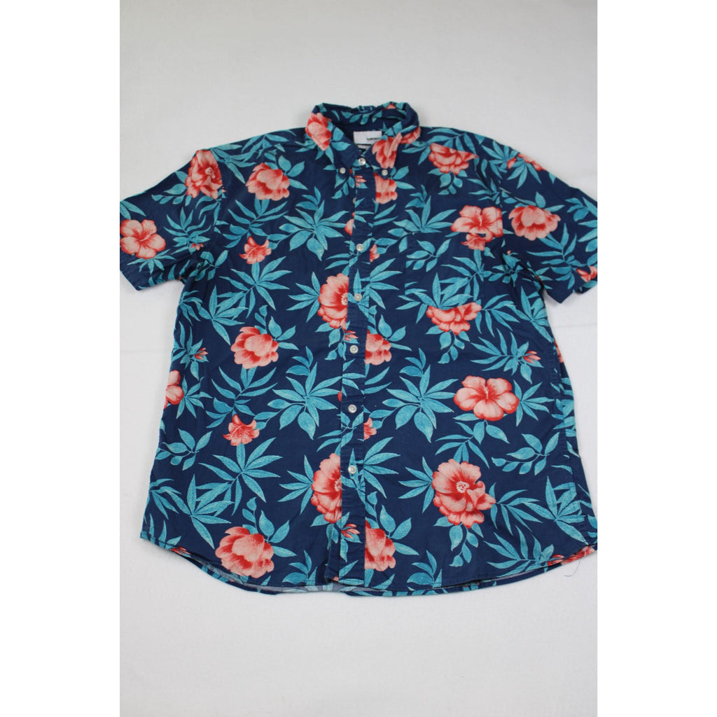 Sonoma Mens Slim Fit Hawaiian Button-Up Shirt With Red Floral Print & Blue Leaf Pattern Size L