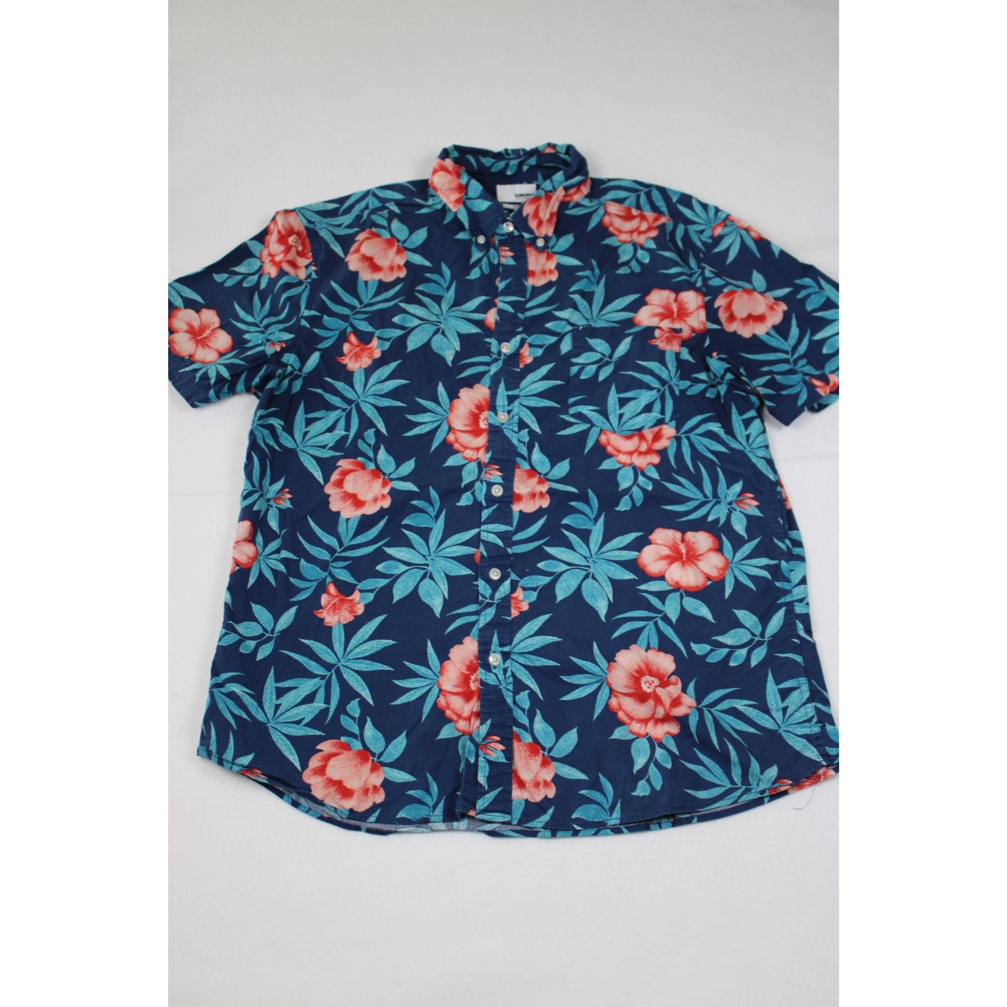 Sonoma Mens Slim Fit Hawaiian Button-Up Shirt With Red Floral Print & Blue Leaf Pattern Size L