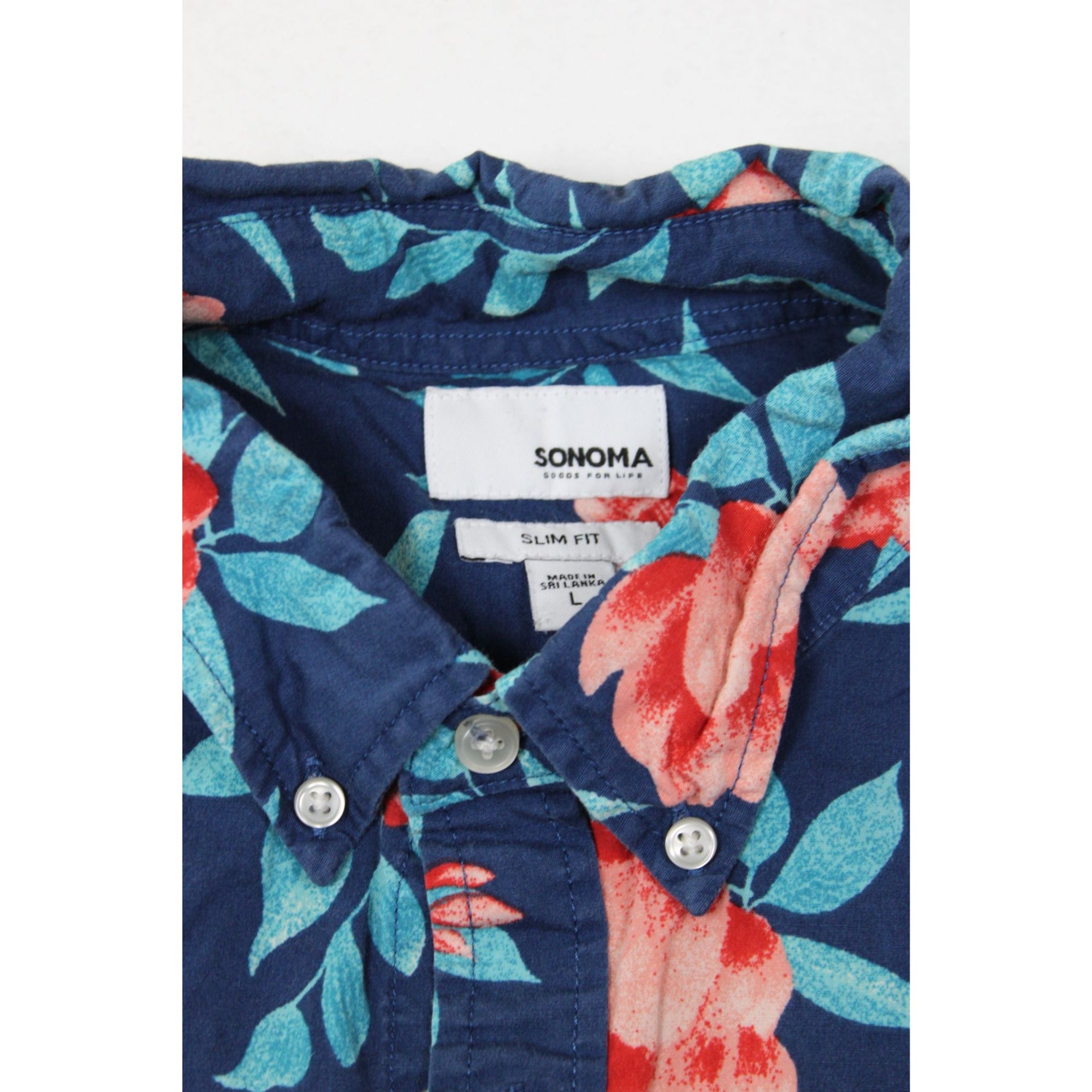 Sonoma Mens Slim Fit Hawaiian Button-Up Shirt With Red Floral Print & Blue Leaf Pattern Size L