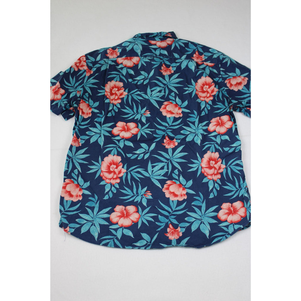 Sonoma Mens Slim Fit Hawaiian Button-Up Shirt With Red Floral Print & Blue Leaf Pattern Size L