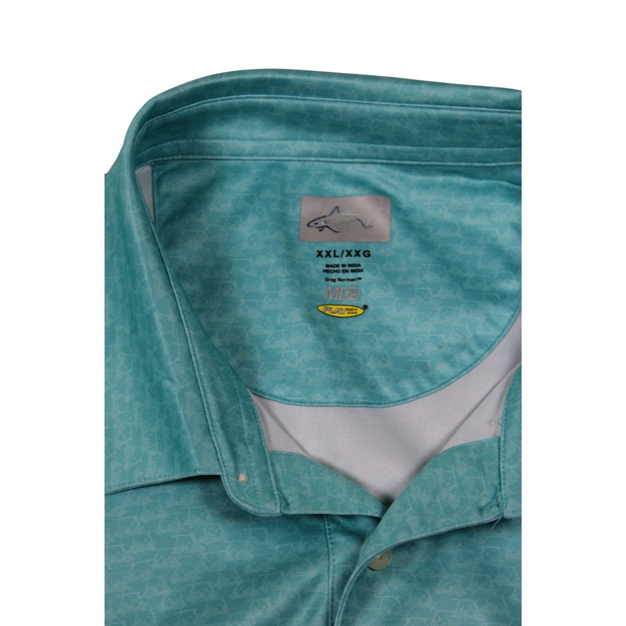 Greg Norman Play Dry Polo Shirt XXL Aqua Blue Diamond Pattern Short Sleeve