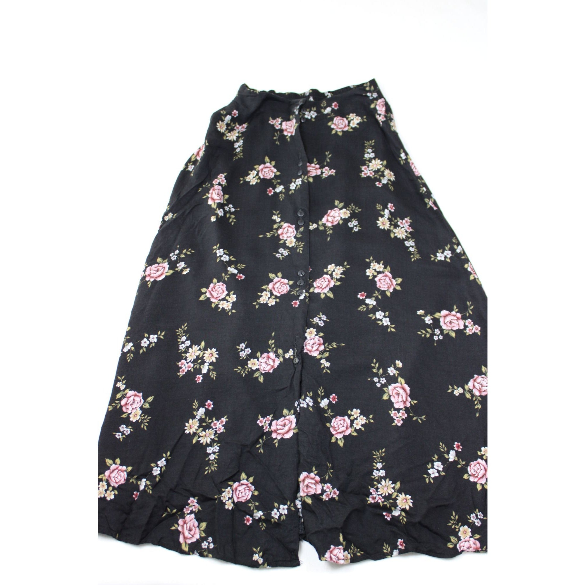 Vintage 90s Black Floral Maxi Skirt M – Pink Roses, Button Front, Whimsigoth Cottagecore Grunge