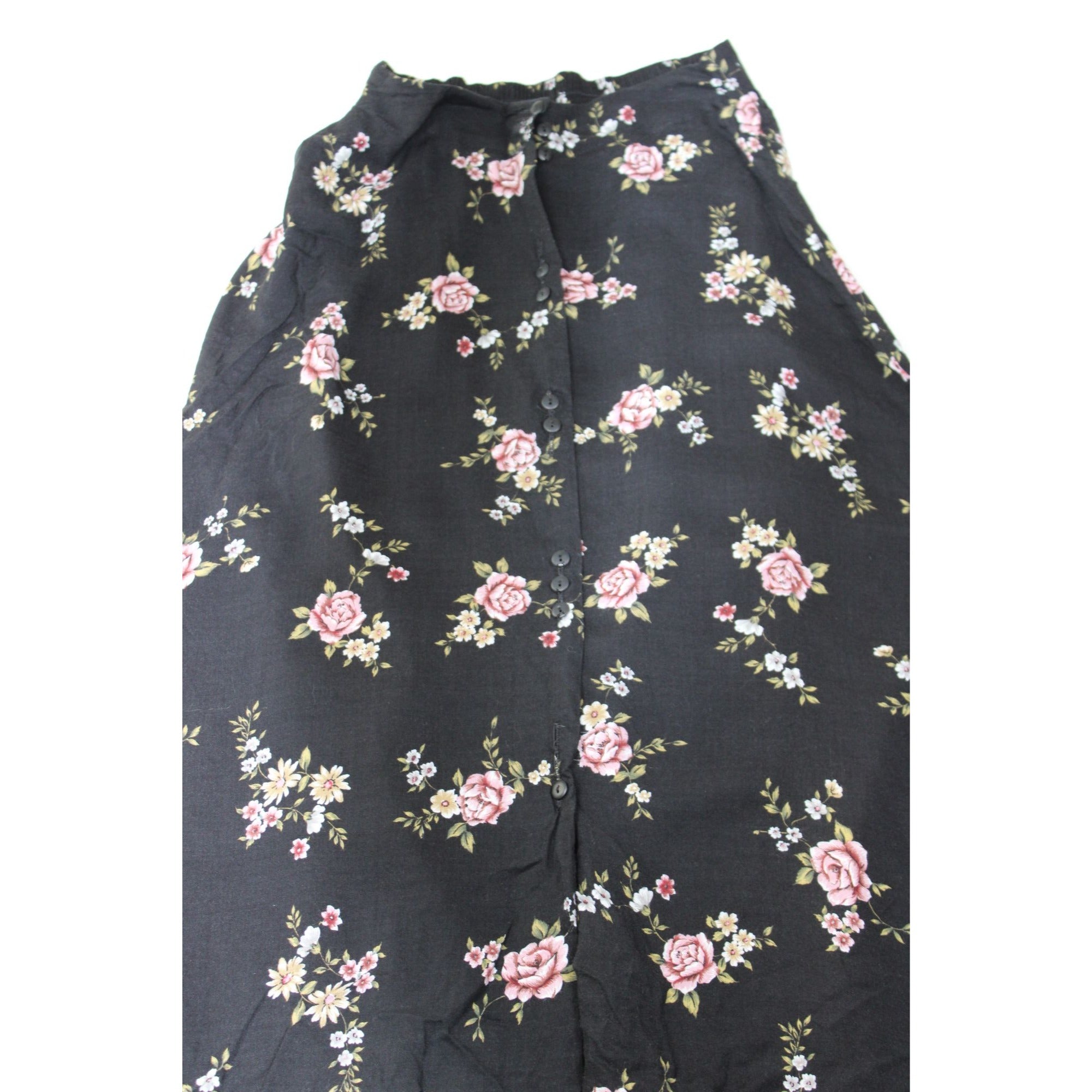 Vintage 90s Black Floral Maxi Skirt M – Pink Roses, Button Front, Whimsigoth Cottagecore Grunge