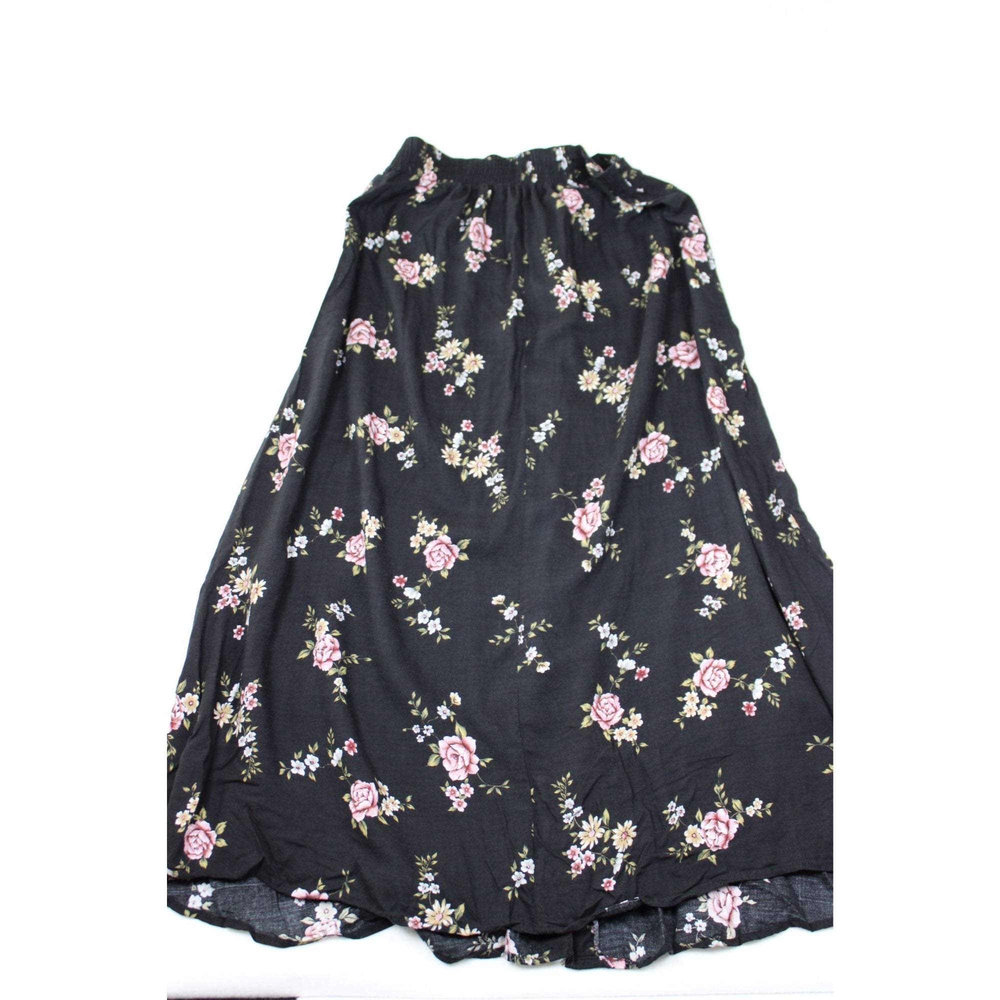 Vintage 90s Black Floral Maxi Skirt M – Pink Roses, Button Front, Whimsigoth Cottagecore Grunge