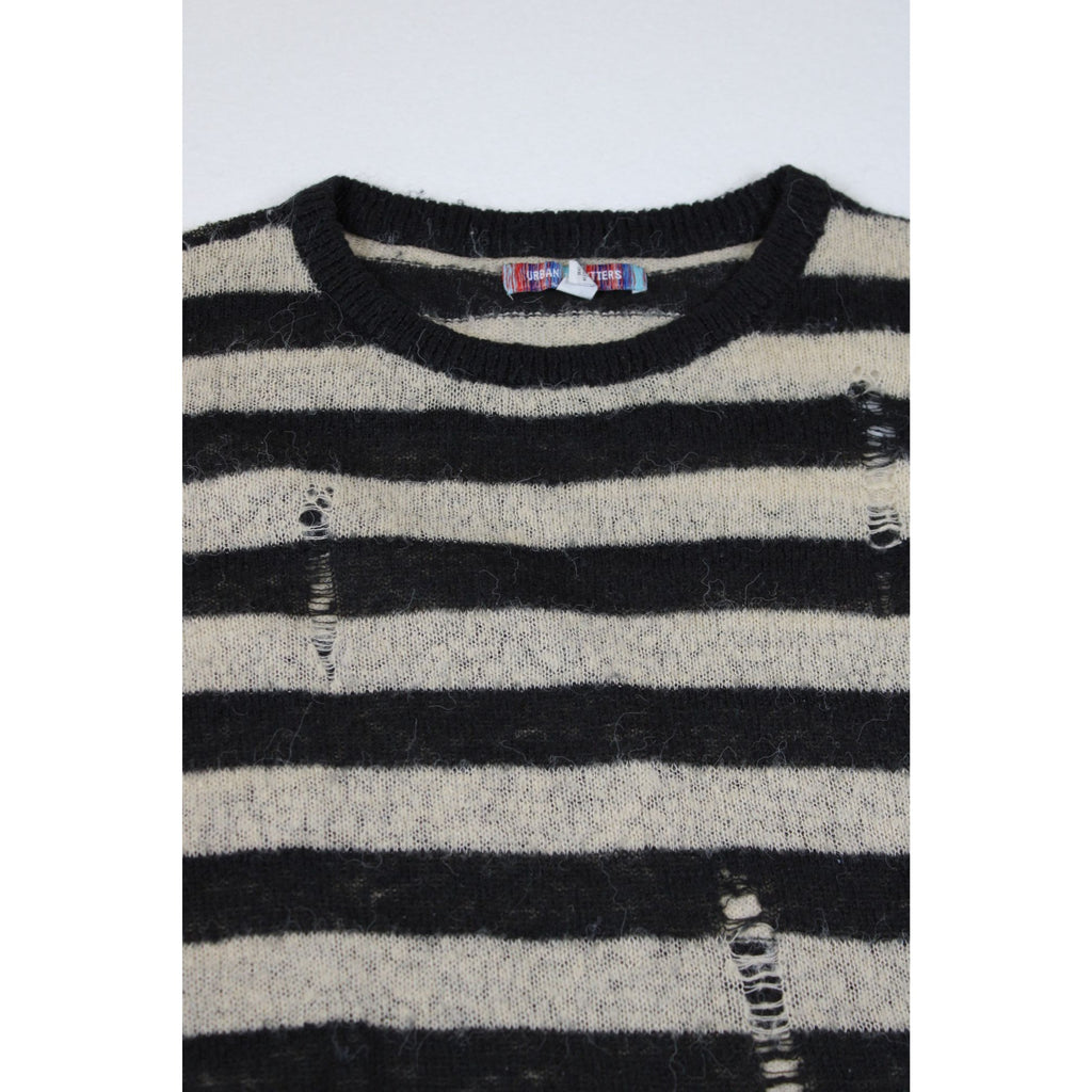 Urban Outfitters Distressed Black & Cream Striped Sweater Medium