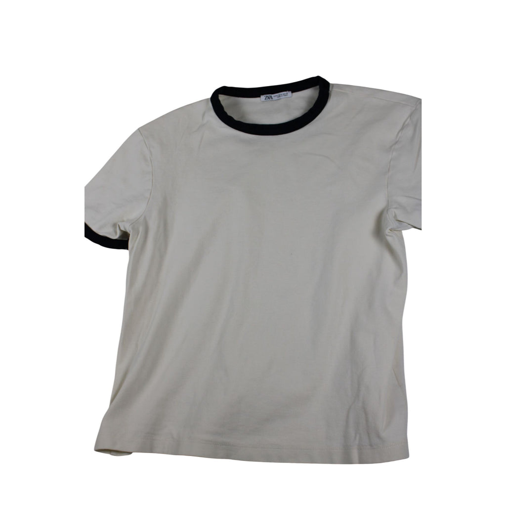 Zara Mens White Crewneck T-Shirt With Black Trim Medium
