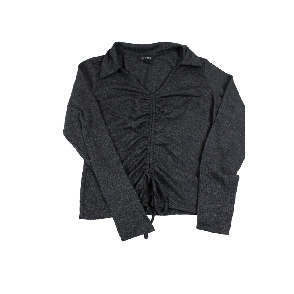 A. Byer Charcoal Gray Ruched Long Sleeve V-Neck Top Size S
