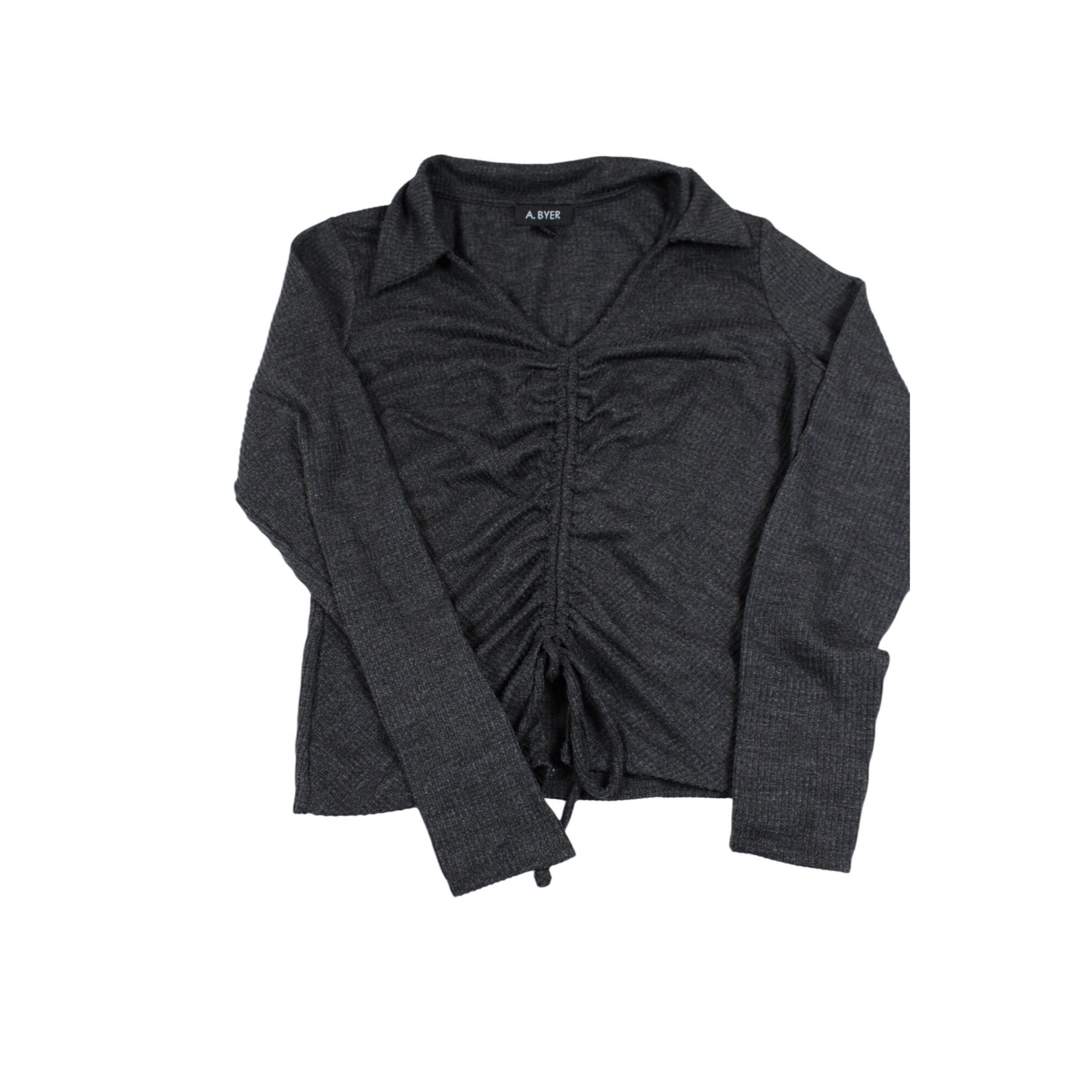 A. Byer Charcoal Gray Ruched Long Sleeve V-Neck Top Size S