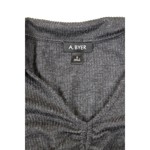 A. Byer Charcoal Gray Ruched Long Sleeve V-Neck Top Size S