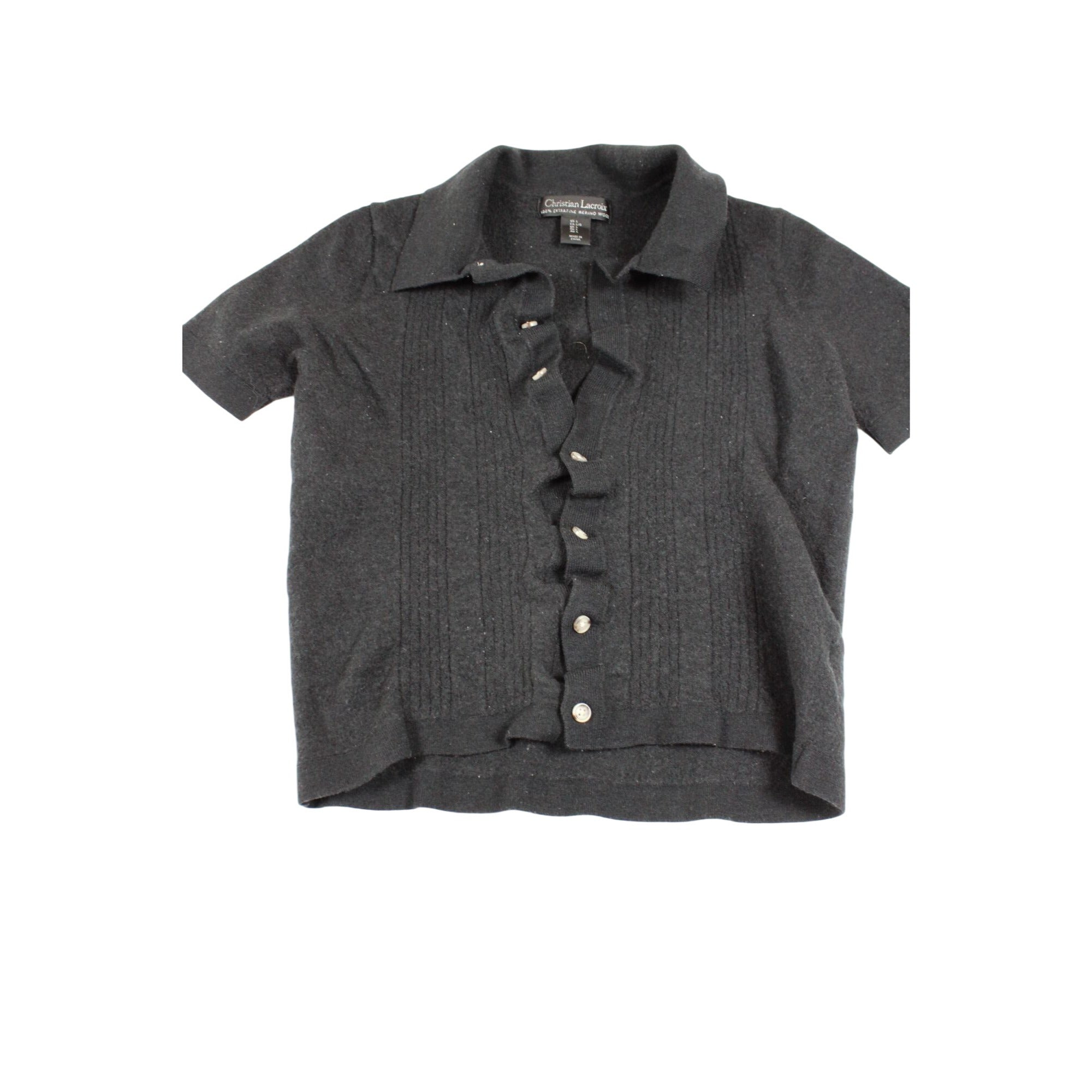 Christian Lacroix Black Ruffled Button-Up Merino Wool Short Sleeve Cardigan Sweater Women’s L