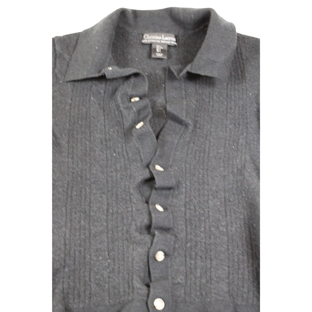 Christian Lacroix Black Ruffled Button-Up Merino Wool Short Sleeve Cardigan Sweater Women’s L