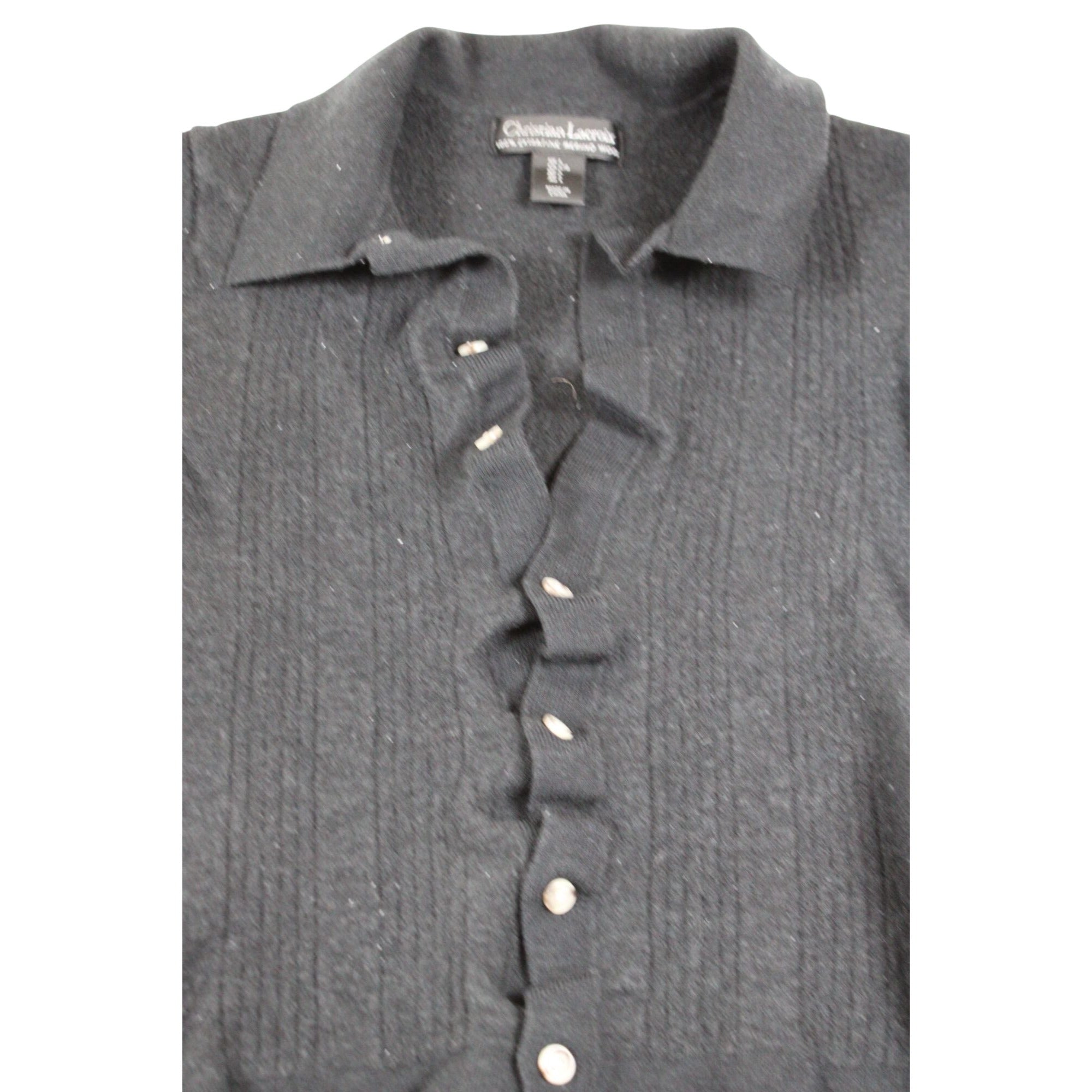 Christian Lacroix Black Ruffled Button-Up Merino Wool Short Sleeve Cardigan Sweater Women’s L