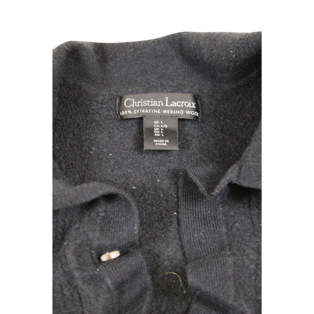 Christian Lacroix Black Ruffled Button-Up Merino Wool Short Sleeve Cardigan Sweater Women’s L