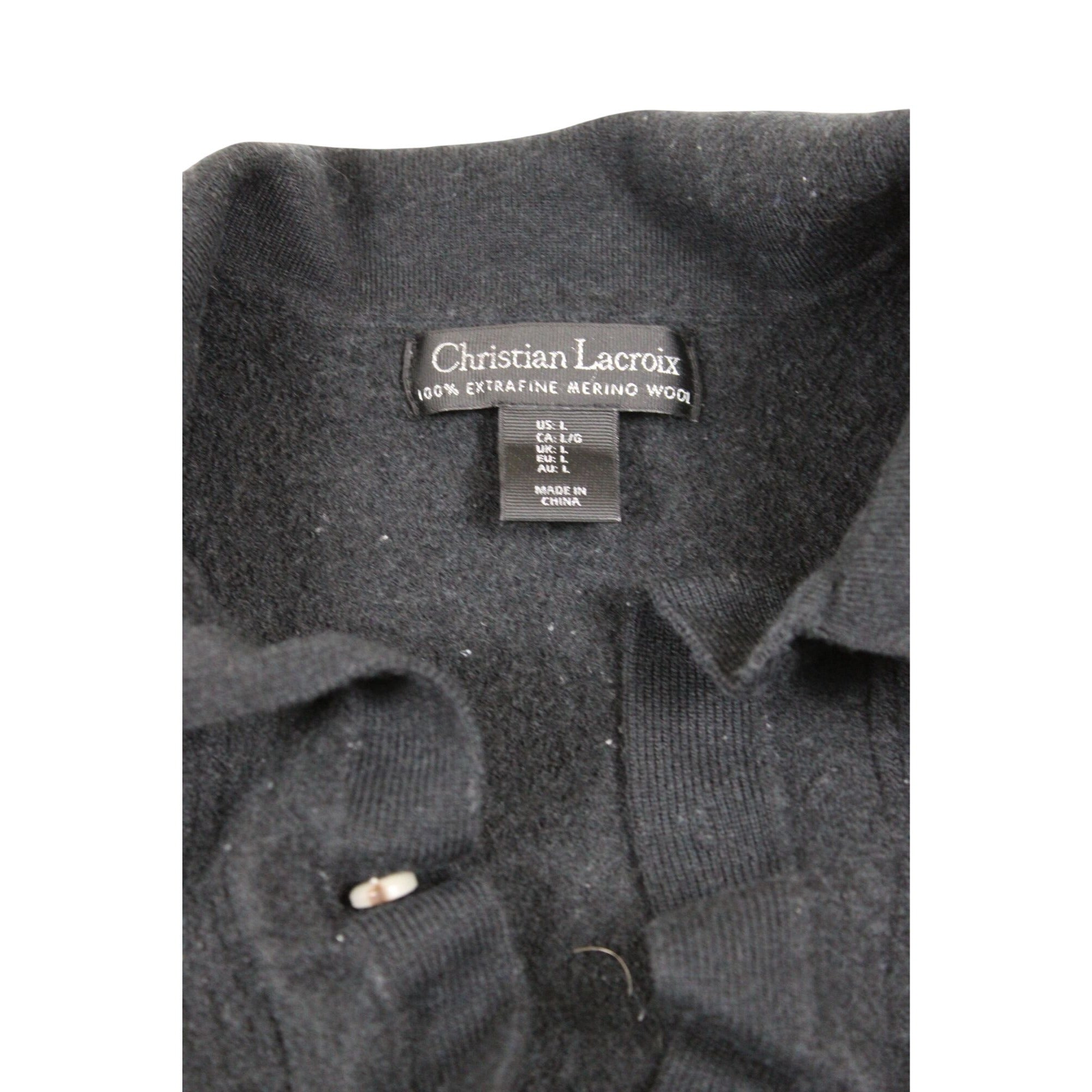 Christian Lacroix Black Ruffled Button-Up Merino Wool Short Sleeve Cardigan Sweater Women’s L
