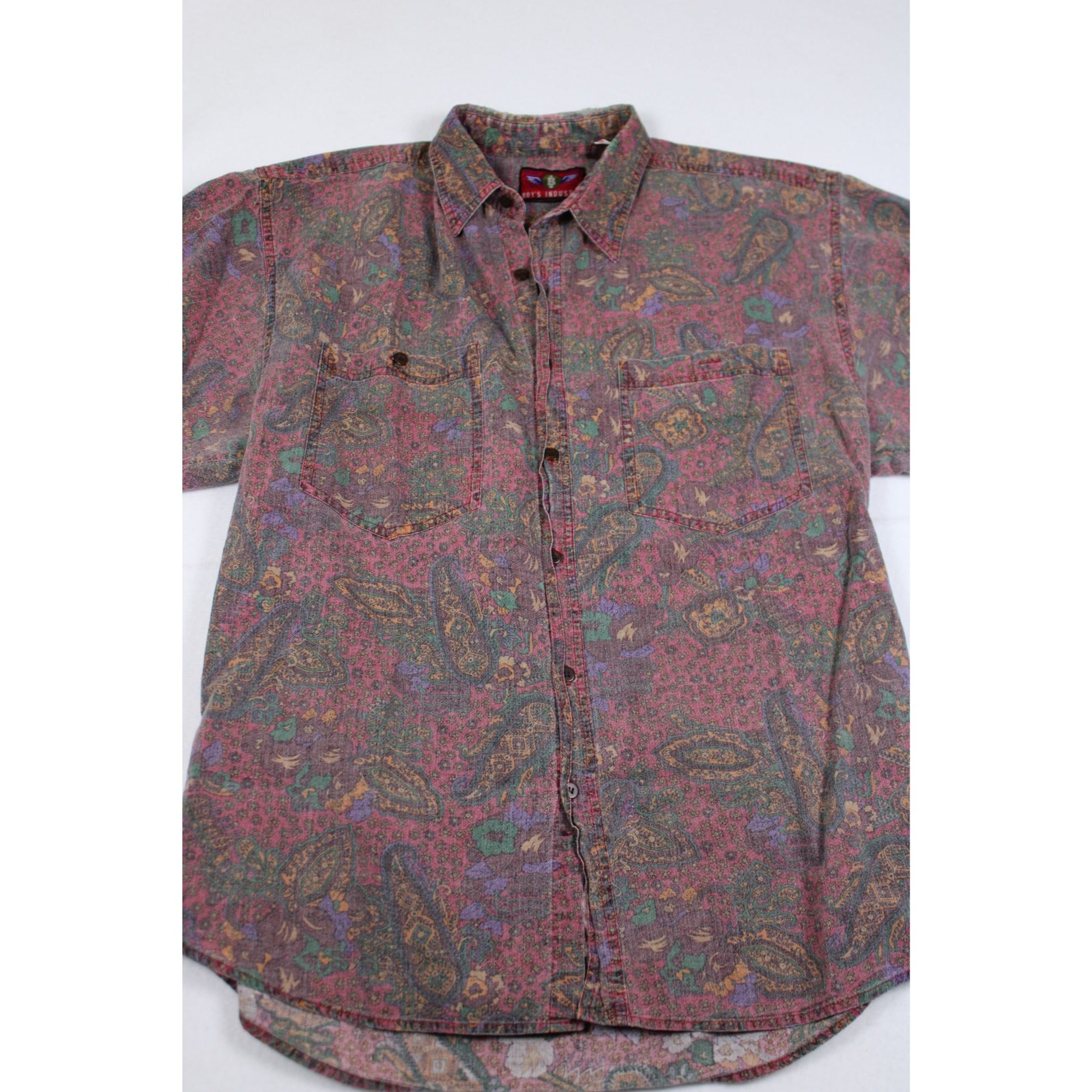 Vintage 90s Boy's Industry Faded Paisley Button-Up — Short Sleeve, Sz L