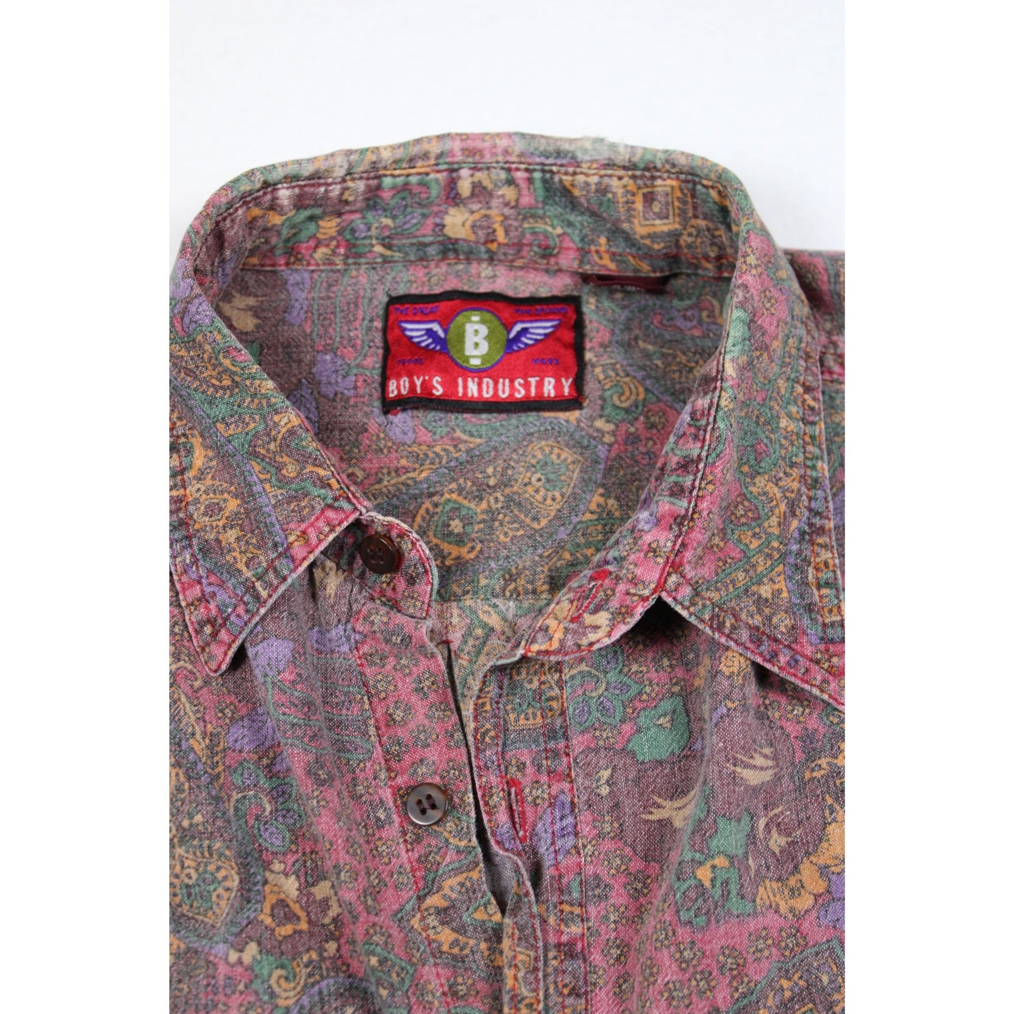 Vintage 90s Boy's Industry Faded Paisley Button-Up — Short Sleeve, Sz L