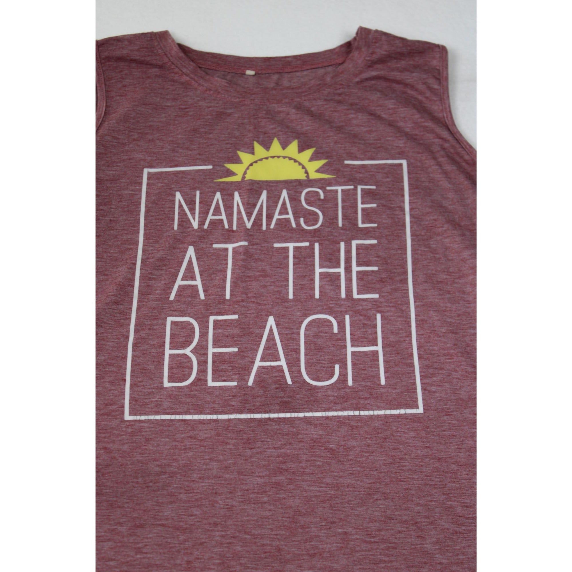 Namaste At The Beach Sleeveless Graphic Tank Top Maroon Heathered Womens XL