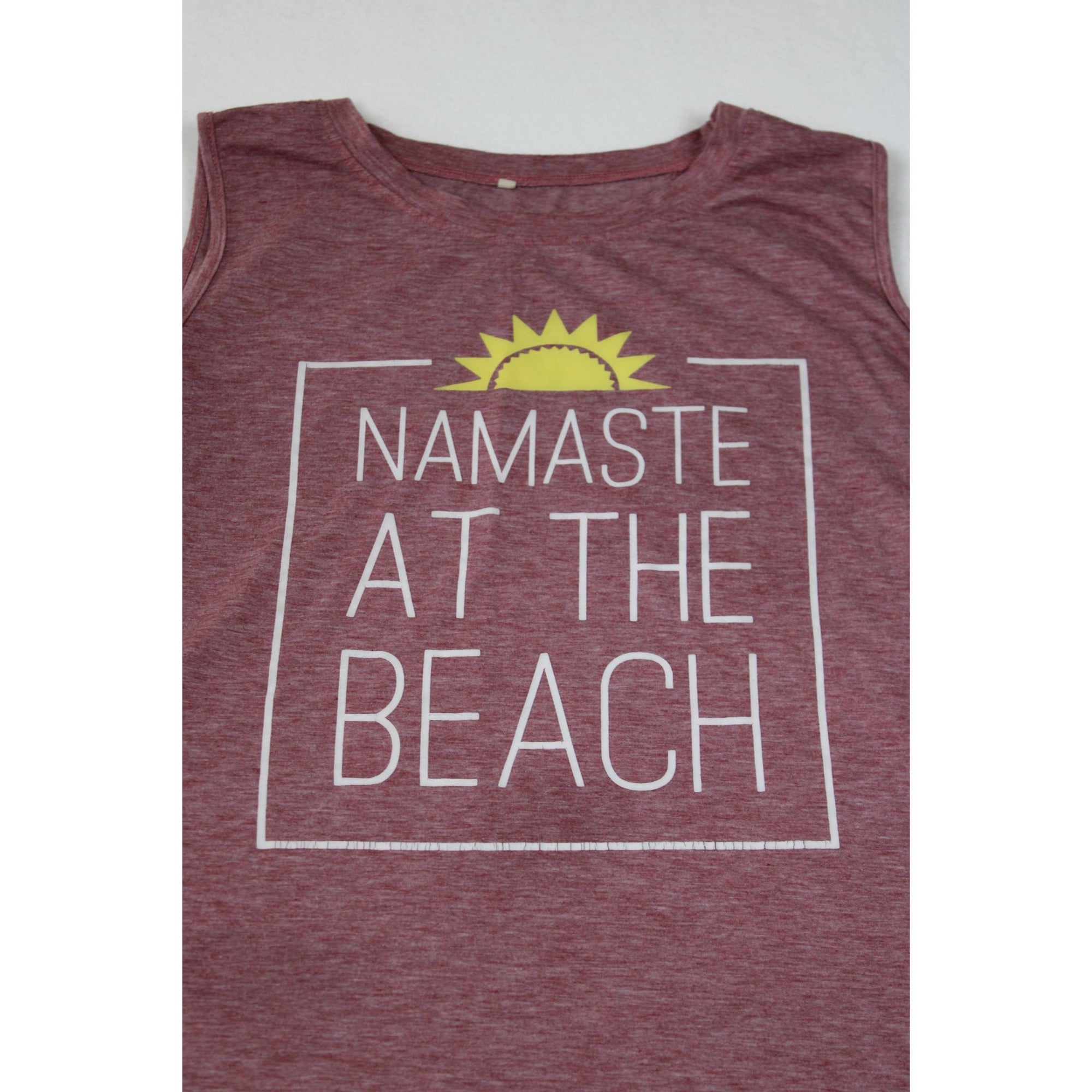 Namaste At The Beach Sleeveless Graphic Tank Top Maroon Heathered Womens XL