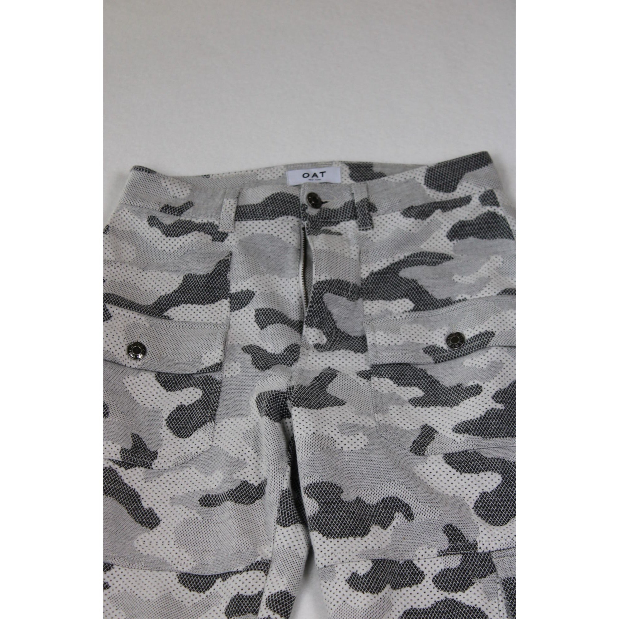 OAT New York Camo Jacquard Knit Pants White Gray Black Camouflage Stretch Size 26 Streetwear