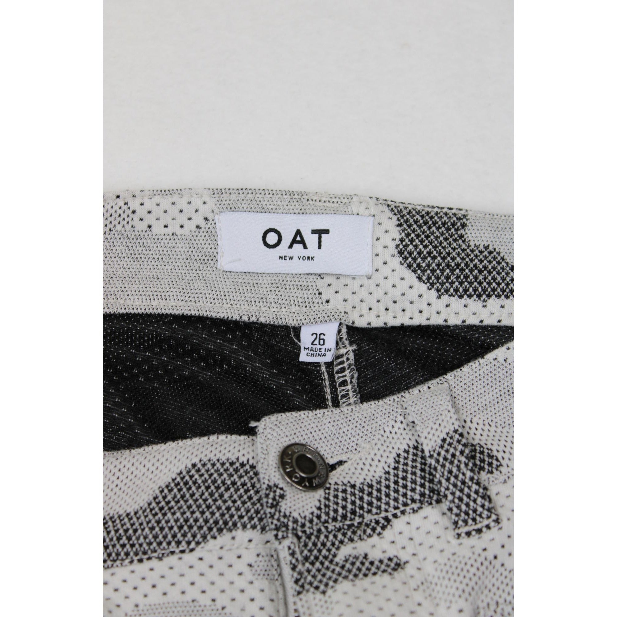 OAT New York Camo Jacquard Knit Pants White Gray Black Camouflage Stretch Size 26 Streetwear