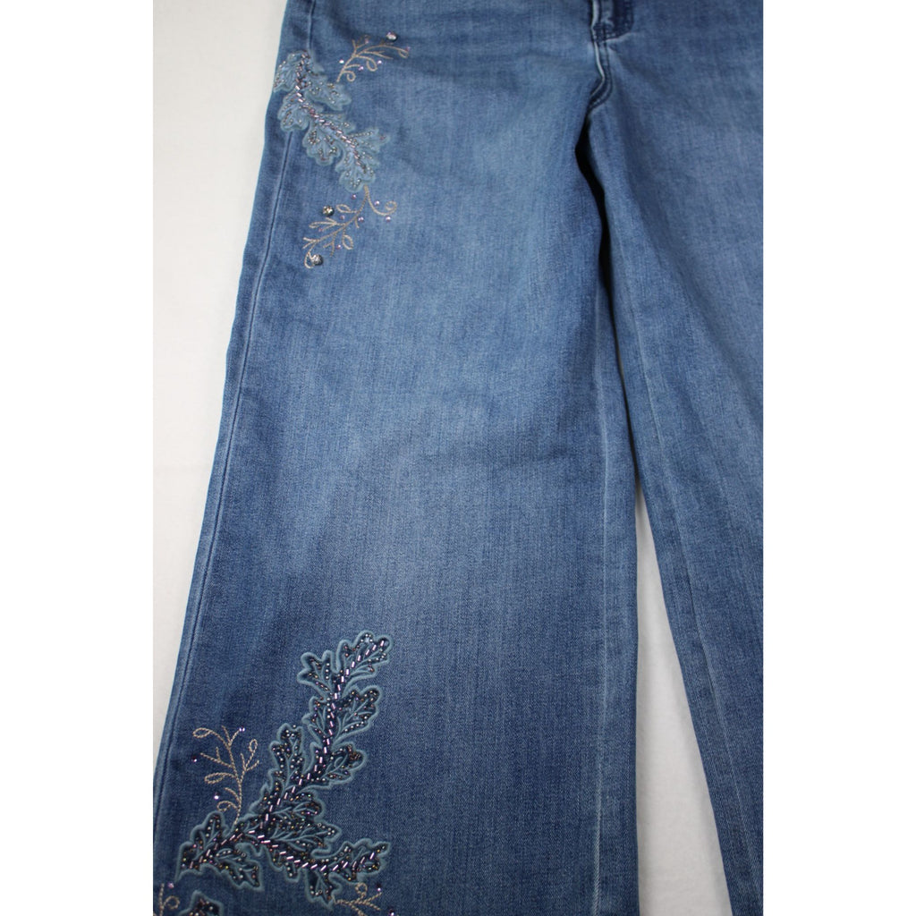 NWT Chico’s So Slimming High Rise Wide Leg Jeans Floral Embroidered Beaded Denim Size 2R US 12
