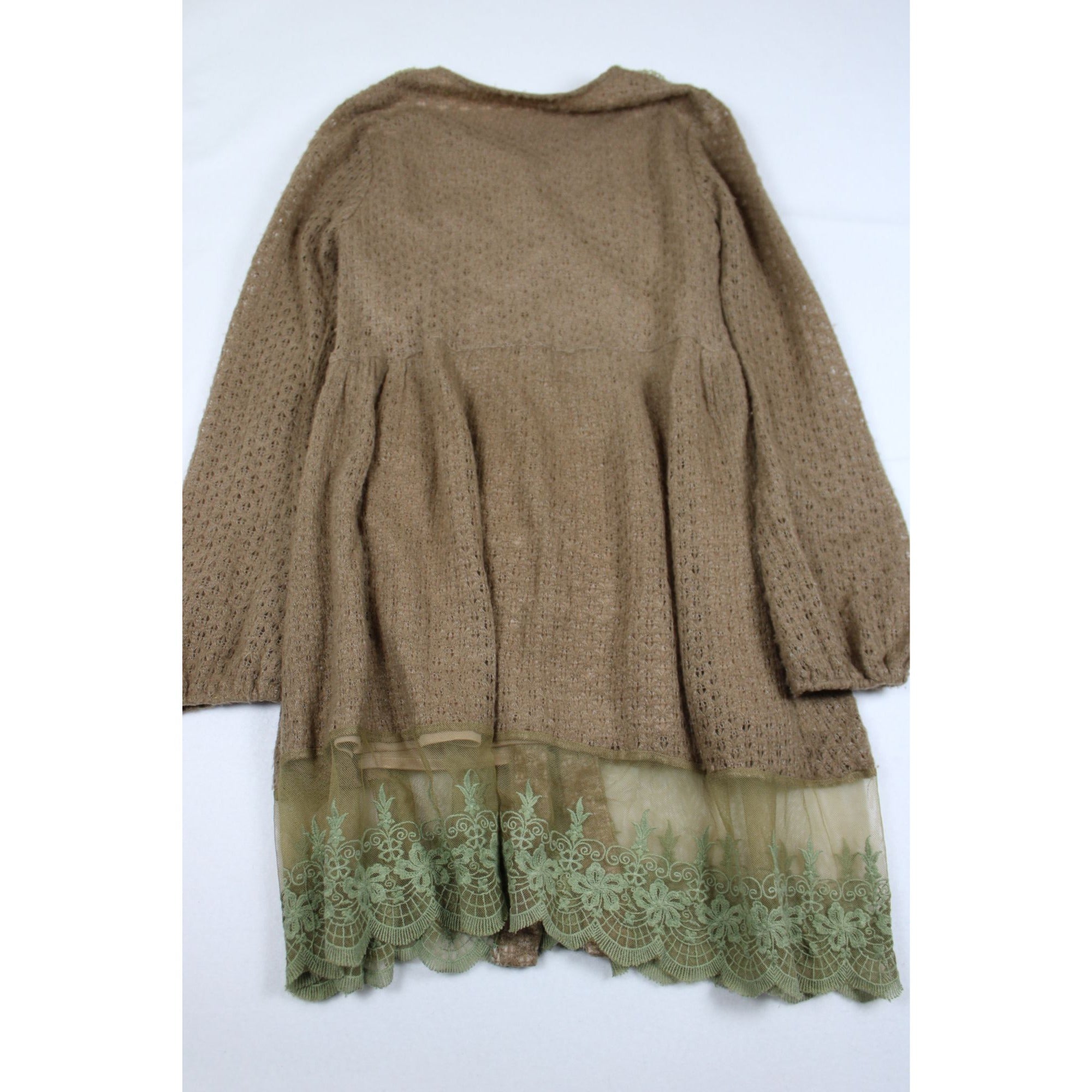 A'reve Pearl Button Lace Hem Tunic Cardigan — Cottagecore Knit, Size S